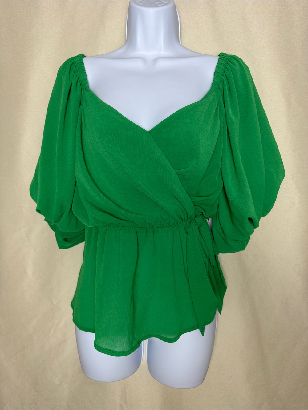 ARULA Kelly Green Wrap Peplum Blouse with Puff Sleeves